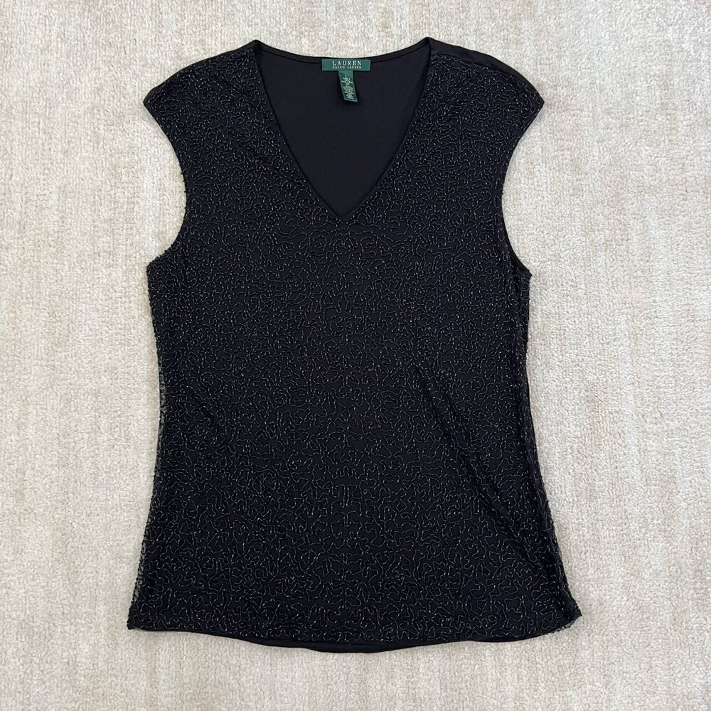 Lauren Ralph Lauren Black Beaded Sleeveless Blouse Top L